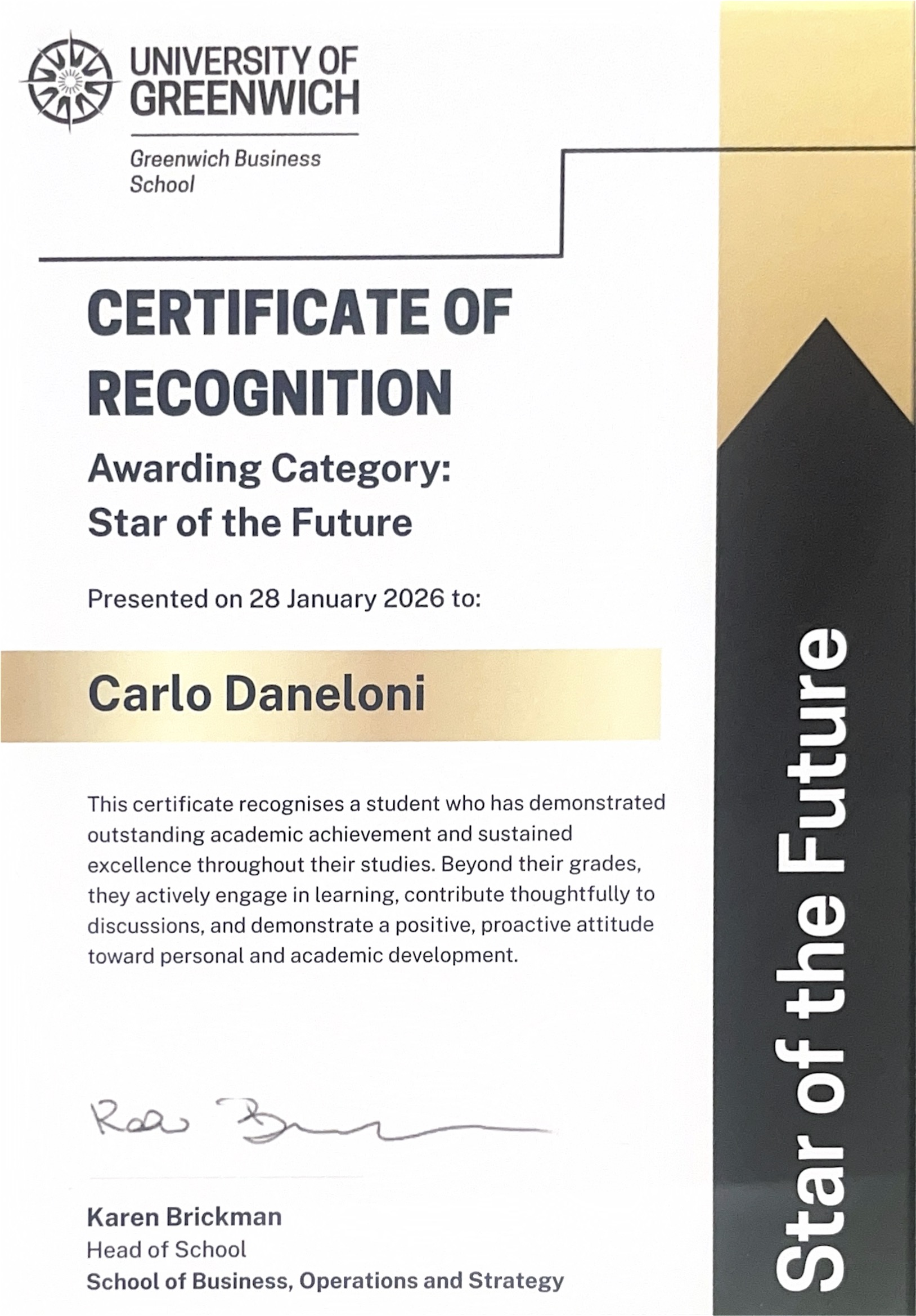 Star of the Future certificate